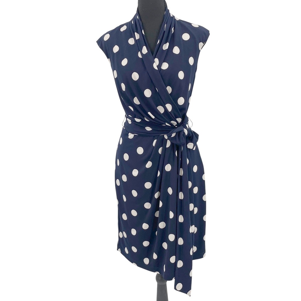 Eliza J Faux‎ Wrap V Neck Dress Womens 8 Navy Blue Polka Dot Classic Chic Retro